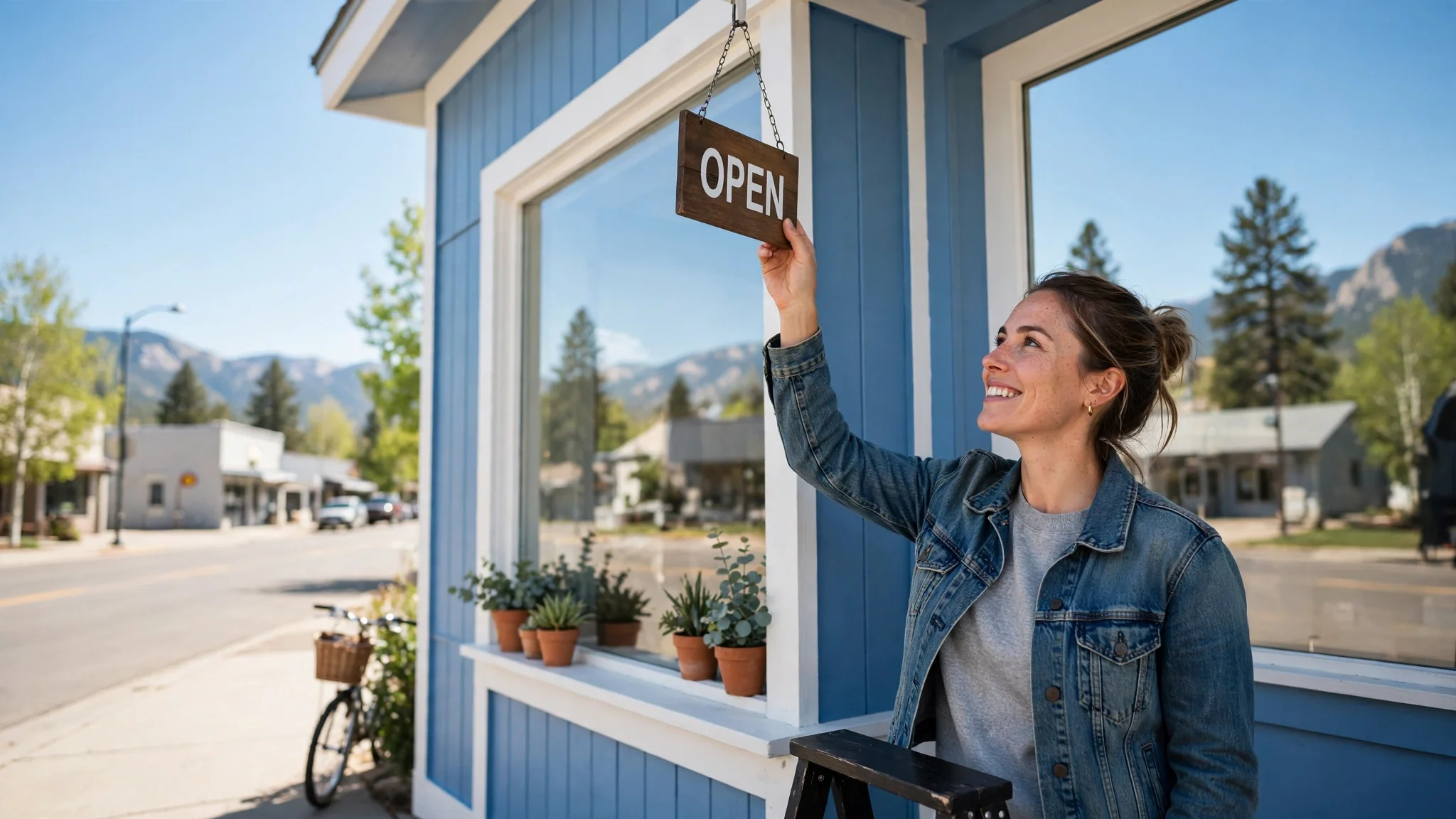 A new shop owner smiling as she hangs an OPEN sign on her cornflower-blue storefront with white trim on a bright morning